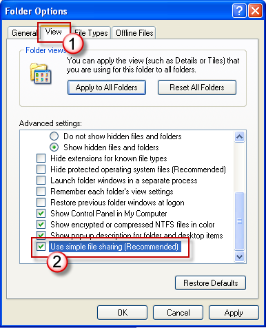 Screenshot of Folder Options dialog box, showing how Simple File Sharing in Windows XP Professional is enabled or disabled